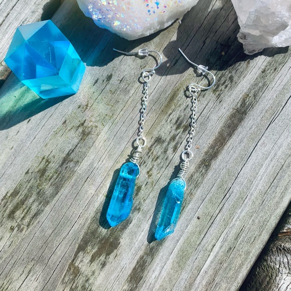 Hand Crafted Jewelry - Aqua Quartz Crystal Dangle Earrings